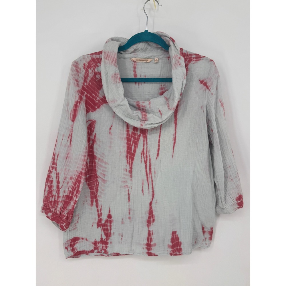 Soft Surroundings Top Womens Medium Red Tie Dye Cowl Neck Cotton Gauze Blouse